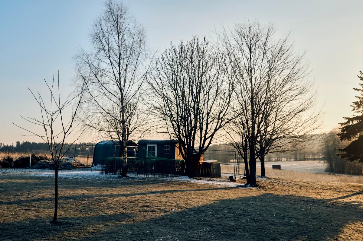 Totale Feld mit Bauwagen