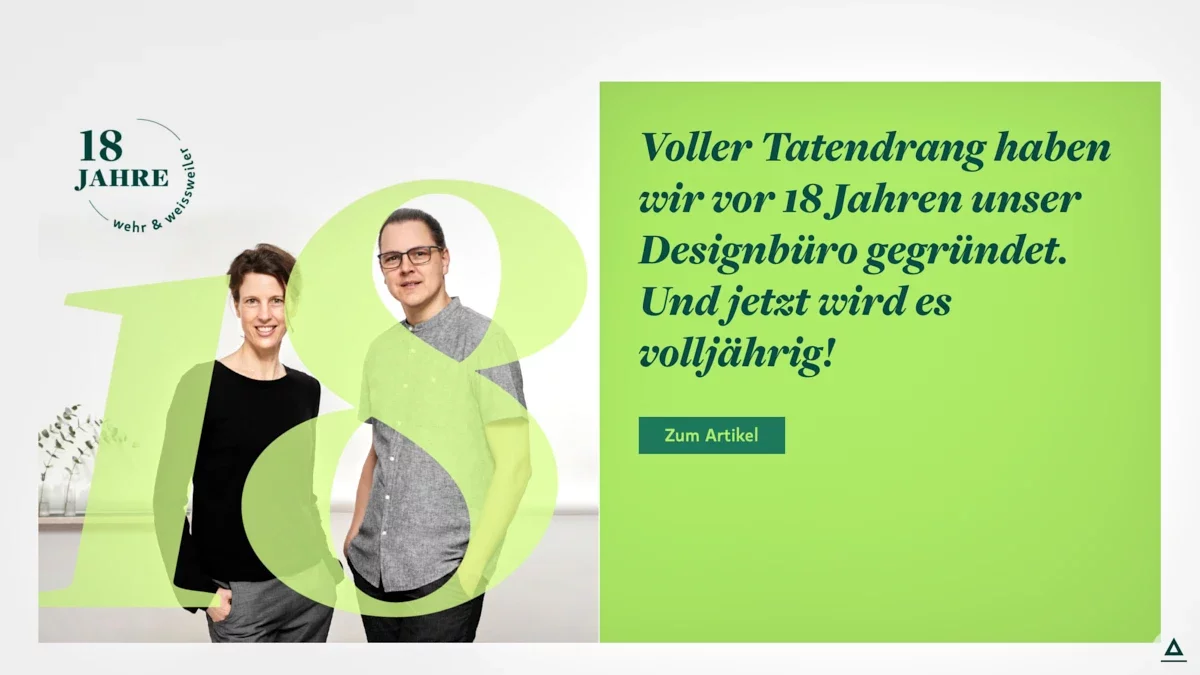 Screenshot der Website mit Doppelporträt Lena Weissweiler und Simon Wehr. Porträ überlagert mit großer gelber 18, daneben ein Text-Aufmacher.